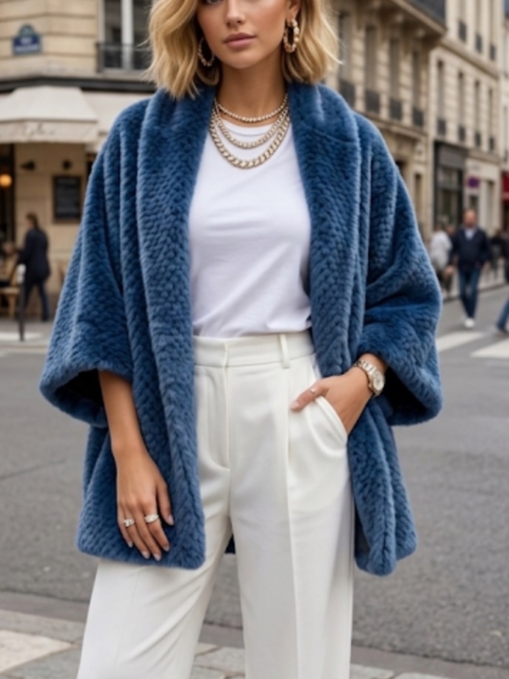 Luxury Genuine Knitted Mink Fur Cape Shawl in Royal Blue